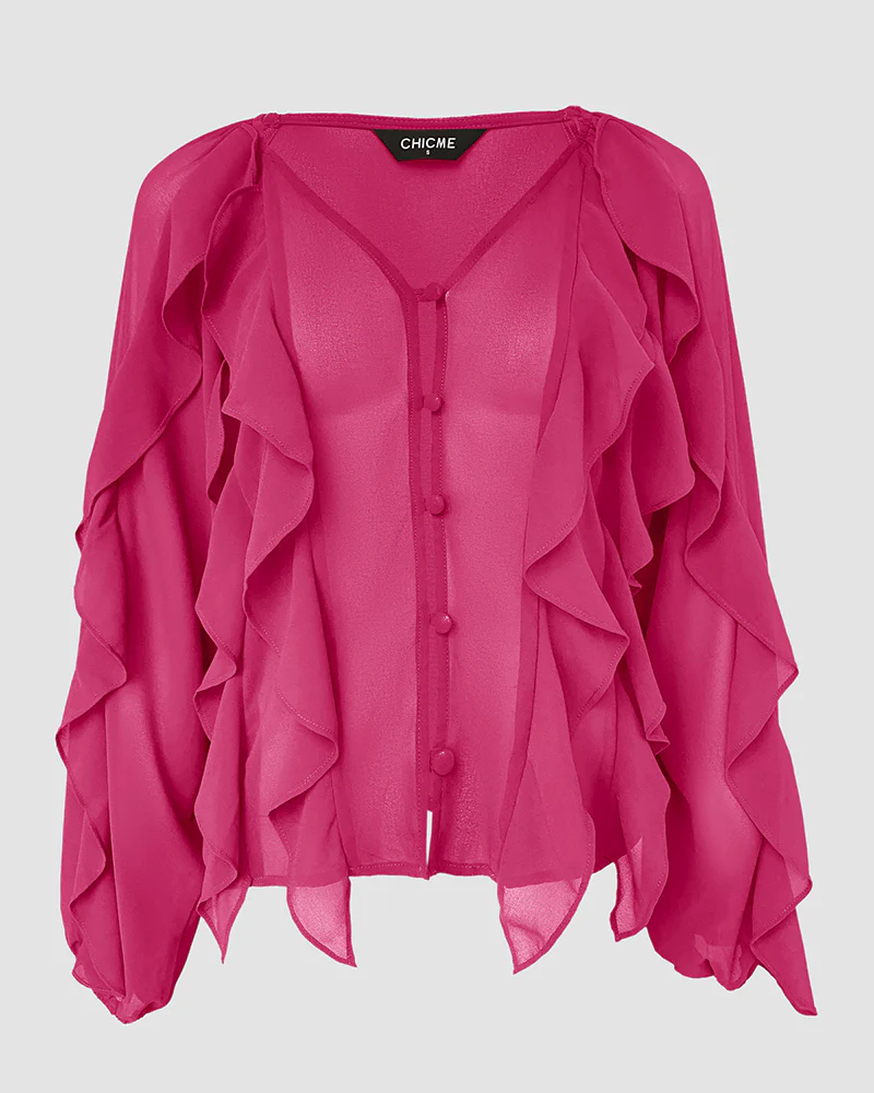 V Neck Shoulder Ruffles Design Blouse Casual Button Front Long Sleeve Top - Image 19