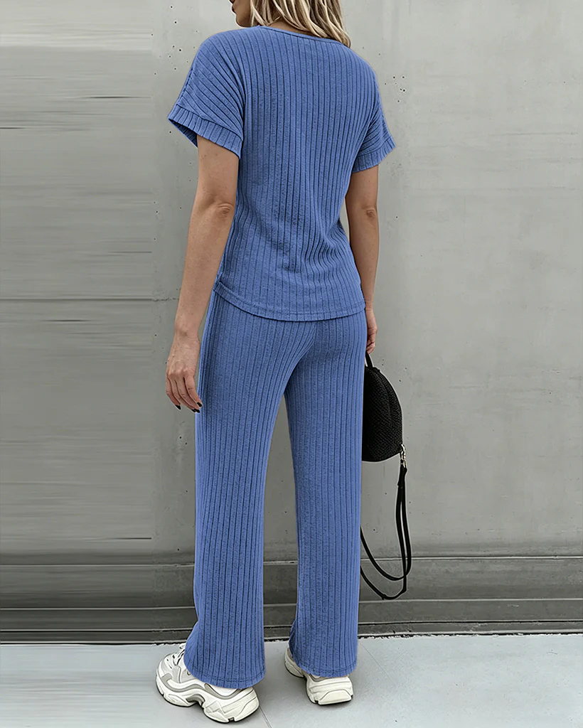 Women's 2 Piece Knit Set Lace Patchwork Short Sleeve Top and Wide Leg Pants Casual Ribbed Brushed Lounge Set - Image 23