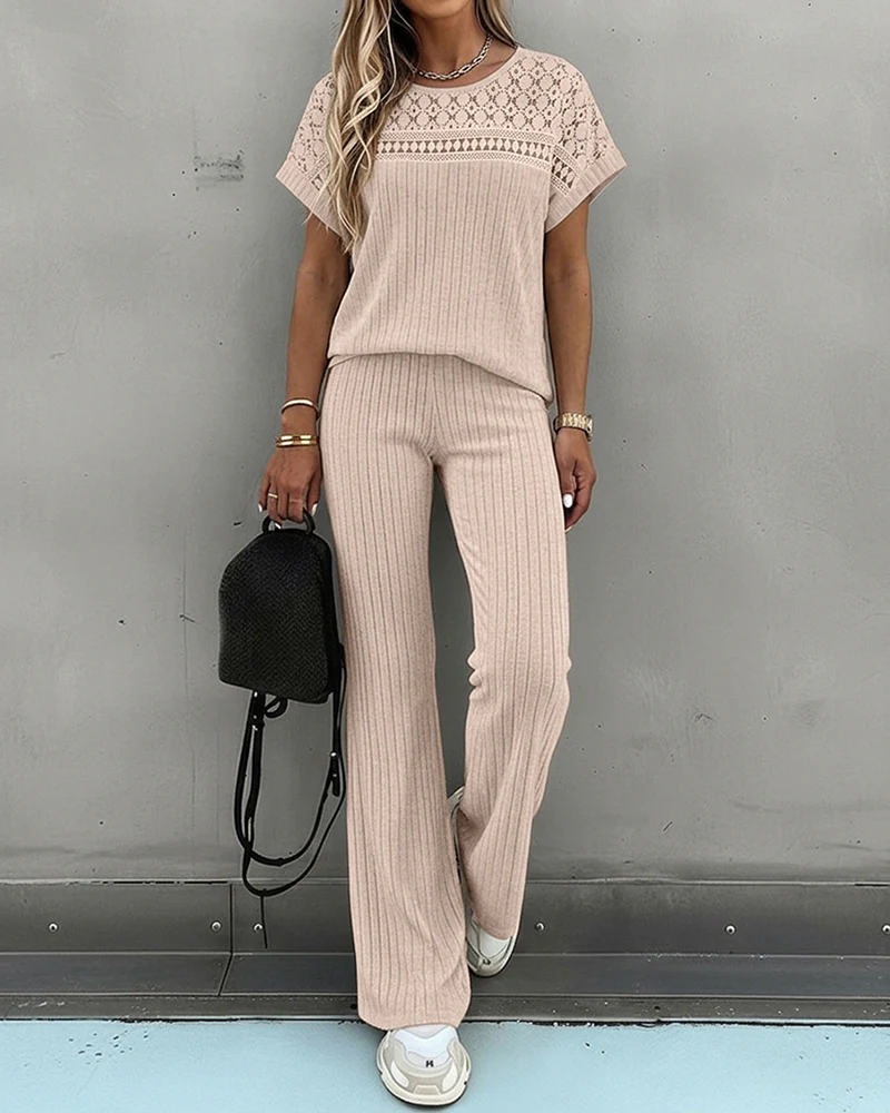 Women's 2 Piece Knit Set Lace Patchwork Short Sleeve Top and Wide Leg Pants Casual Ribbed Brushed Lounge Set - Image 3
