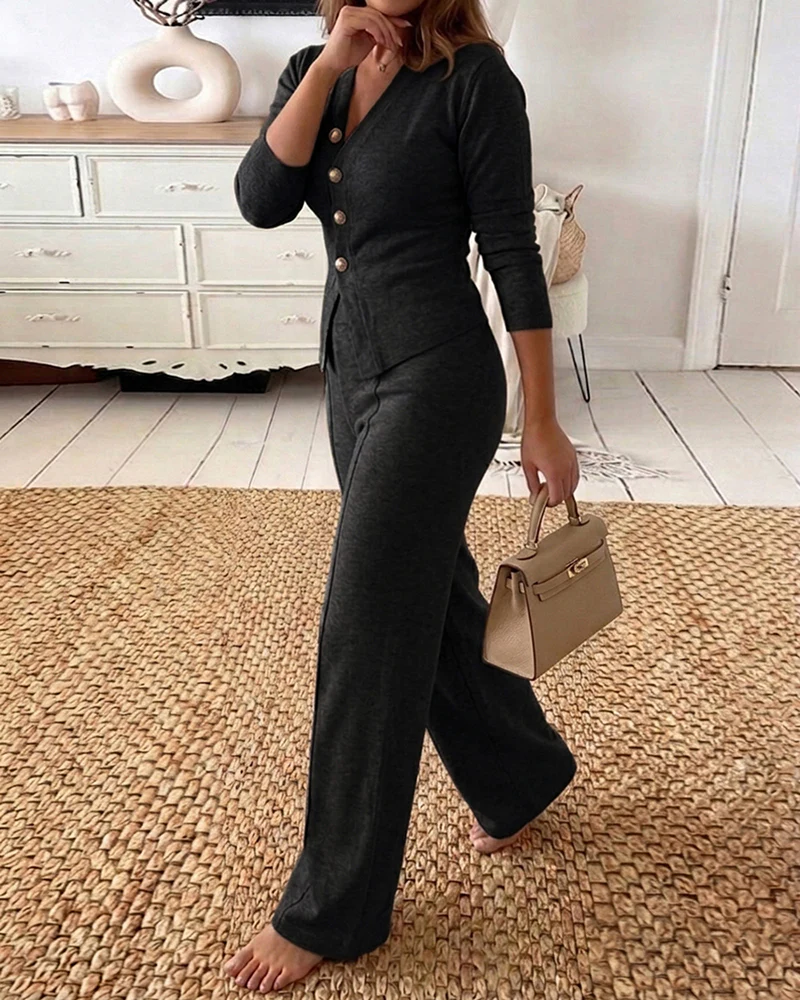 Women's 2 Piece Knit Set V-Neck Button Down Cardigan and High Waisted Wide Leg Pants Casual Loungewear - Image 15