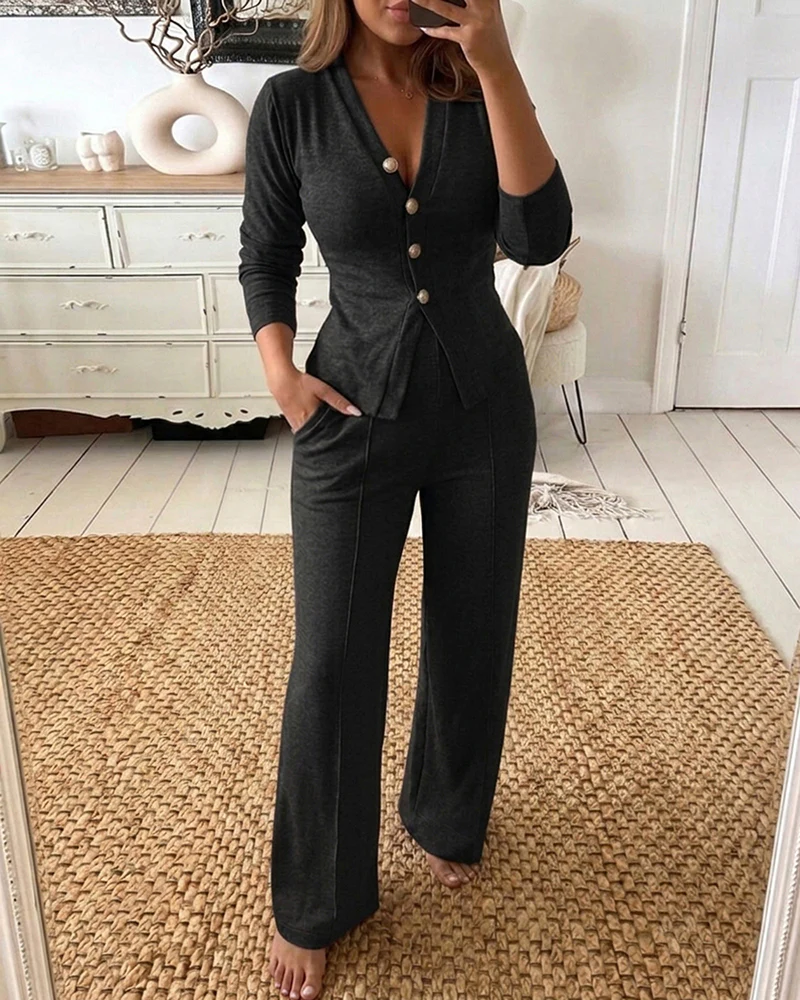 Women's 2 Piece Knit Set V-Neck Button Down Cardigan and High Waisted Wide Leg Pants Casual Loungewear - Image 16