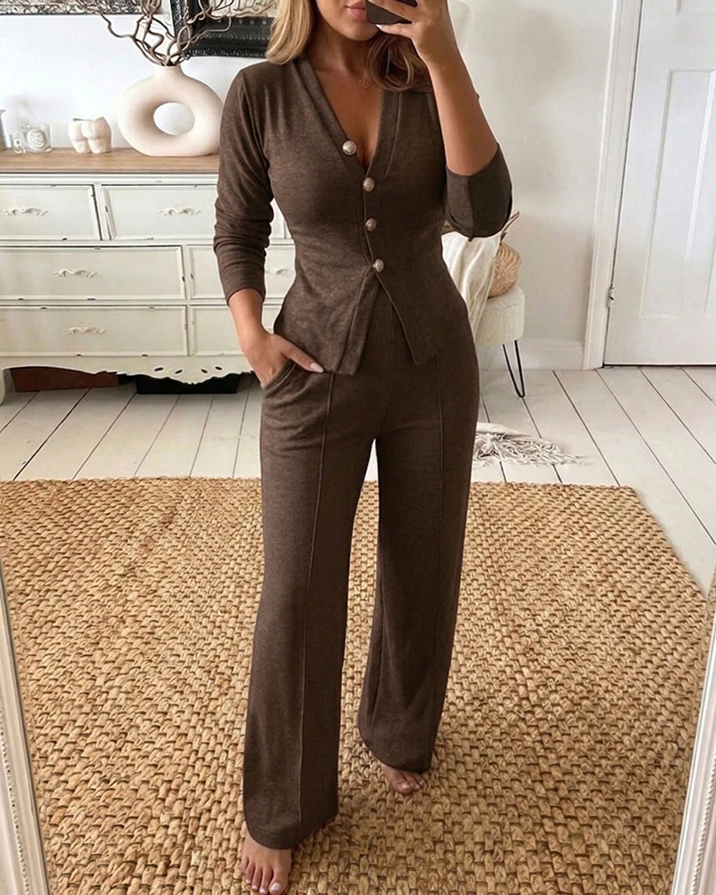 Women's 2 Piece Knit Set V-Neck Button Down Cardigan and High Waisted Wide Leg Pants Casual Loungewear - Image 23