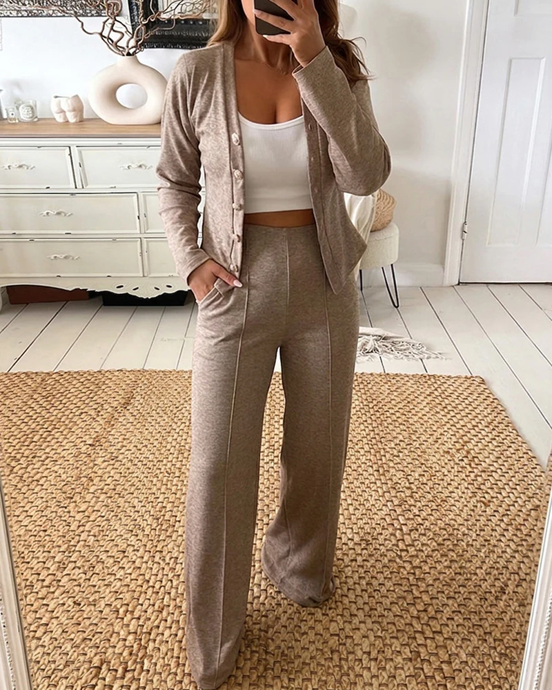 Women's 2 Piece Knit Set V-Neck Button Down Cardigan and High Waisted Wide Leg Pants Casual Loungewear - Image 4