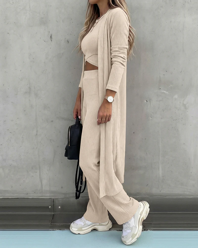 Women's 3 Piece Knit Set Long Cardigan Criss Cross Crop Tank Top and Wide Leg Pants Casual Ribbed Brushed Lounge Set - Image 15