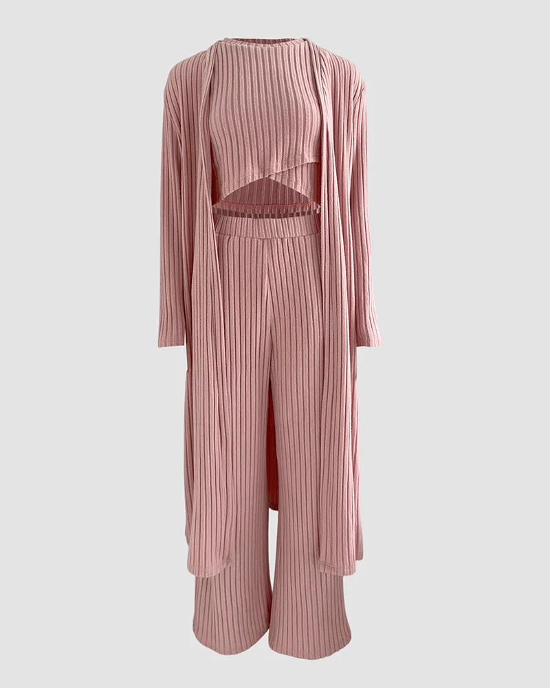 Women's 3 Piece Knit Set Long Cardigan Criss Cross Crop Tank Top and Wide Leg Pants Casual Ribbed Brushed Lounge Set - Image 5