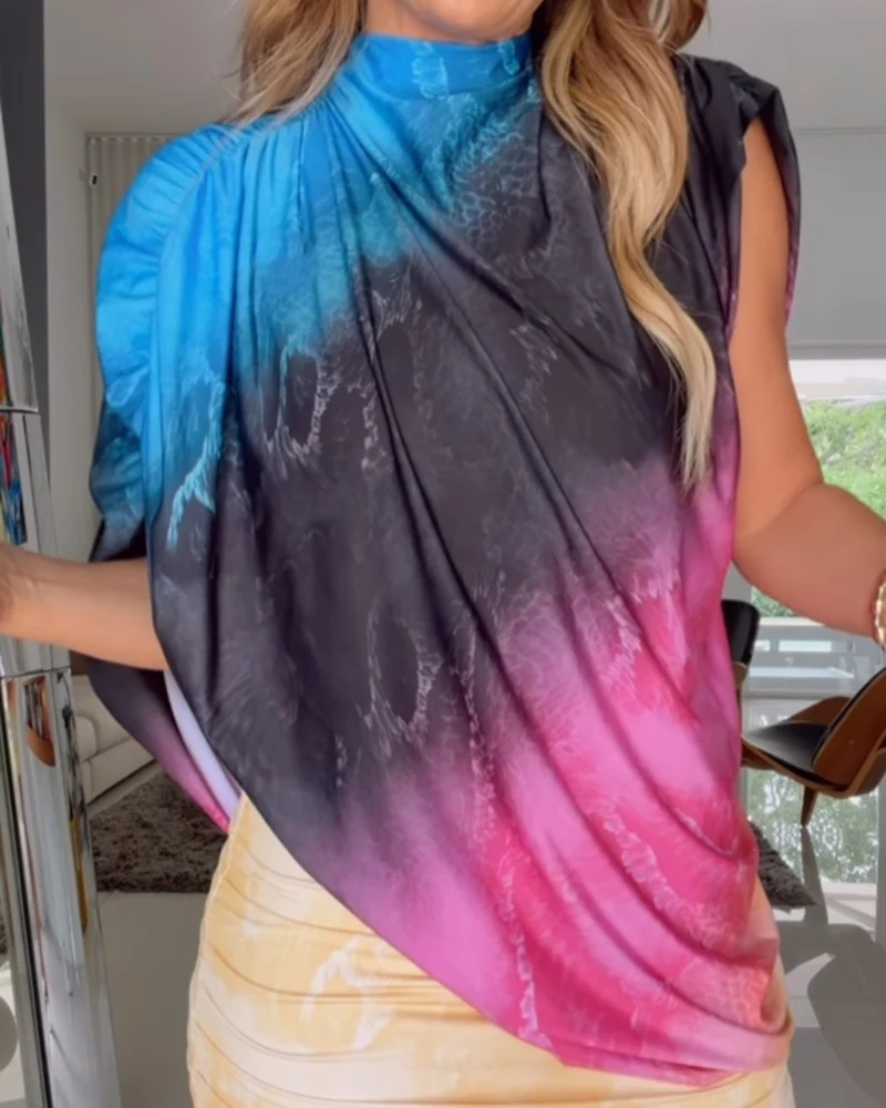 Women's 3 Piece Tie Dye Skirt Set Asymmetrical Drape Top and Ruched Bodycon Mini Skirt Set with Bandeau - Image 3
