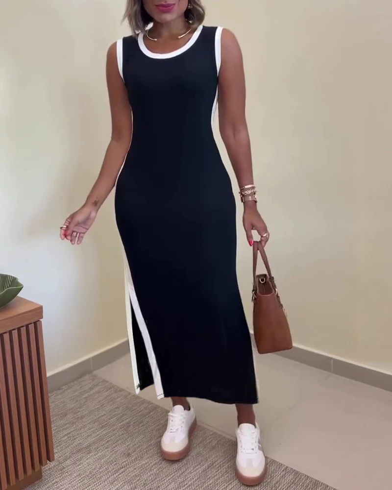 Women's Contrast Binding Tank Dress Slim Fit Sleeveless Maxi Dress Side Slit Casual Knit Sundress - Image 4