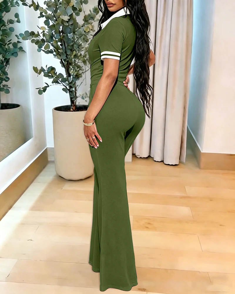 Women's Contrast Polo Neck Jumpsuit Short Sleeve Bodycon Romper Flared Leg Overalls with Snap Button Placket - Image 19