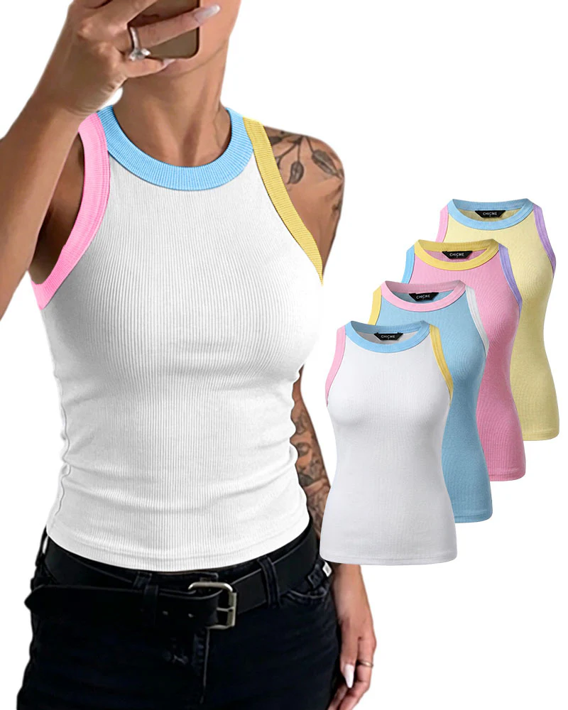 Women's Contrast Trim Ribbed Tank Top Slim Fit Sleeveless Round Neck Basic Camisole for Streetwear & Layering - Image 11