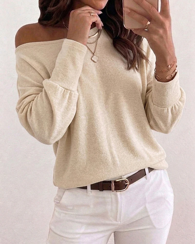 Women's Convertible Shoulder Batwing Sleeve Top Long Sleeve Loose Fit Casual Knit Tee - Image 8
