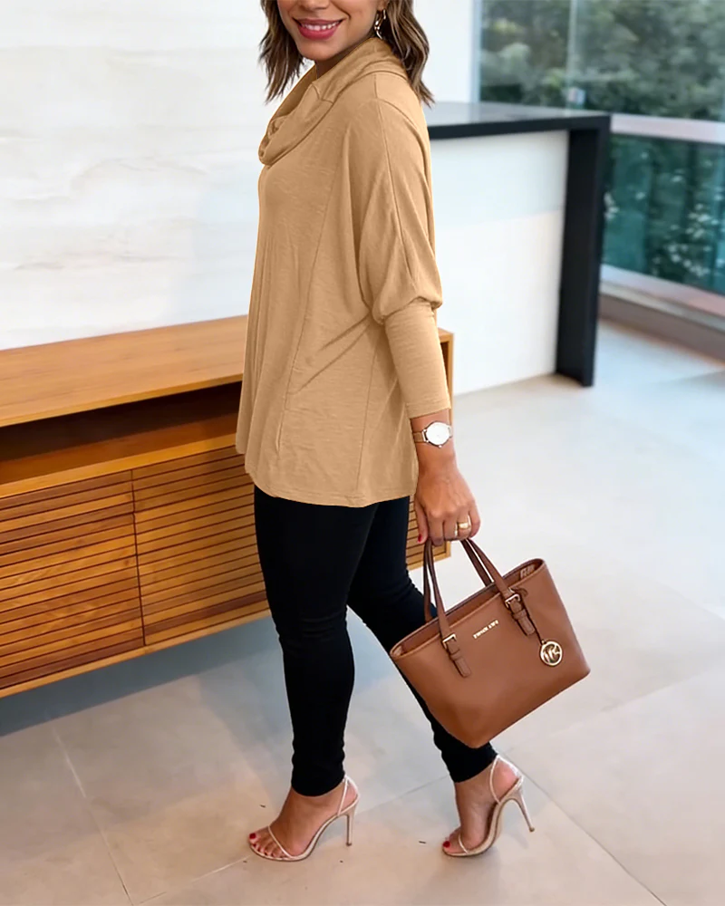 Women's Cowl Neck Batwing Sleeve Top Casual Long Sleeve Loose Pullover Comfortable Soft Drape Blouse - Image 34