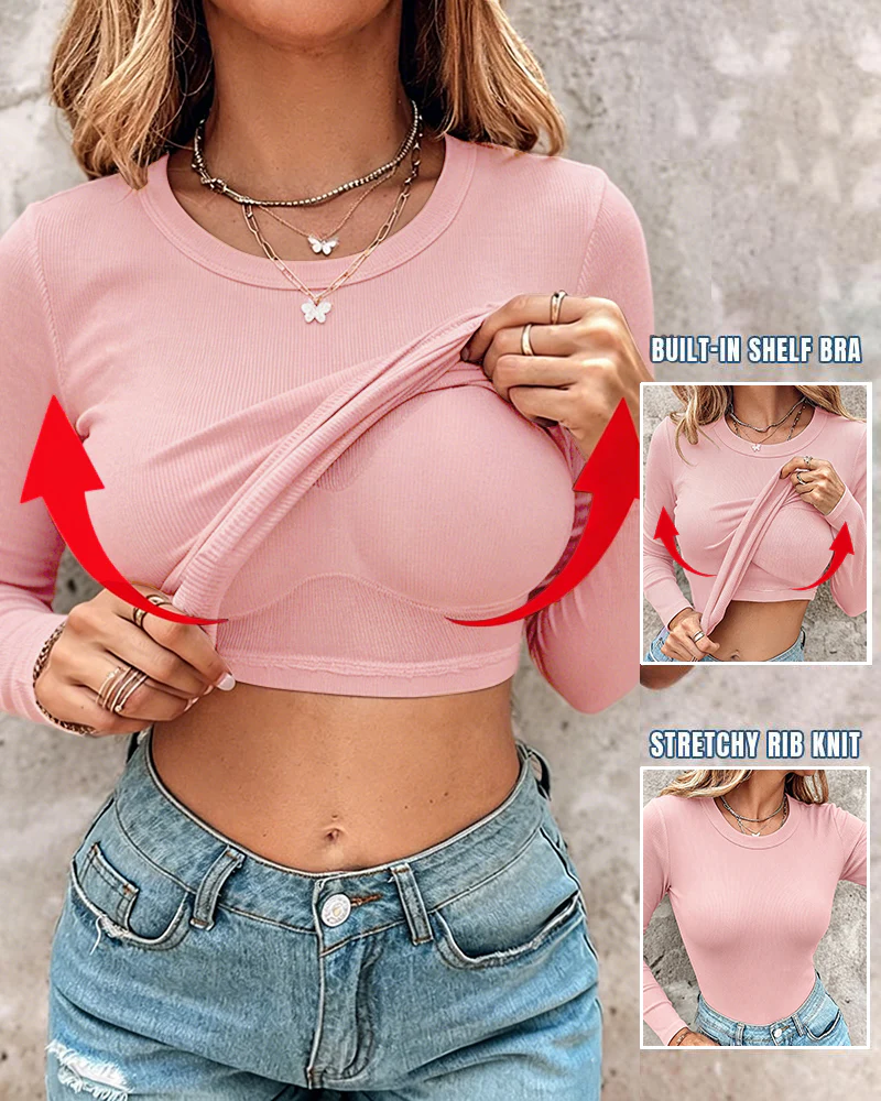 Women's Crewneck Long Sleeve Ribbed Knit Top Slim Fit Base Layer Shirt Soft Stretchy Casual Tee with Built-in Bra - Image 5