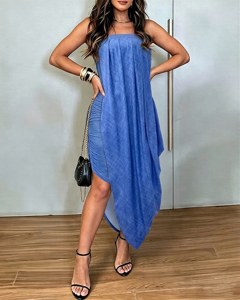 Women's Faux Denim Print Tube Dress Sexy Strapless Ruched Bodycon Dress Asymmetrical Layered Hem Vacation Sundress - Image 3