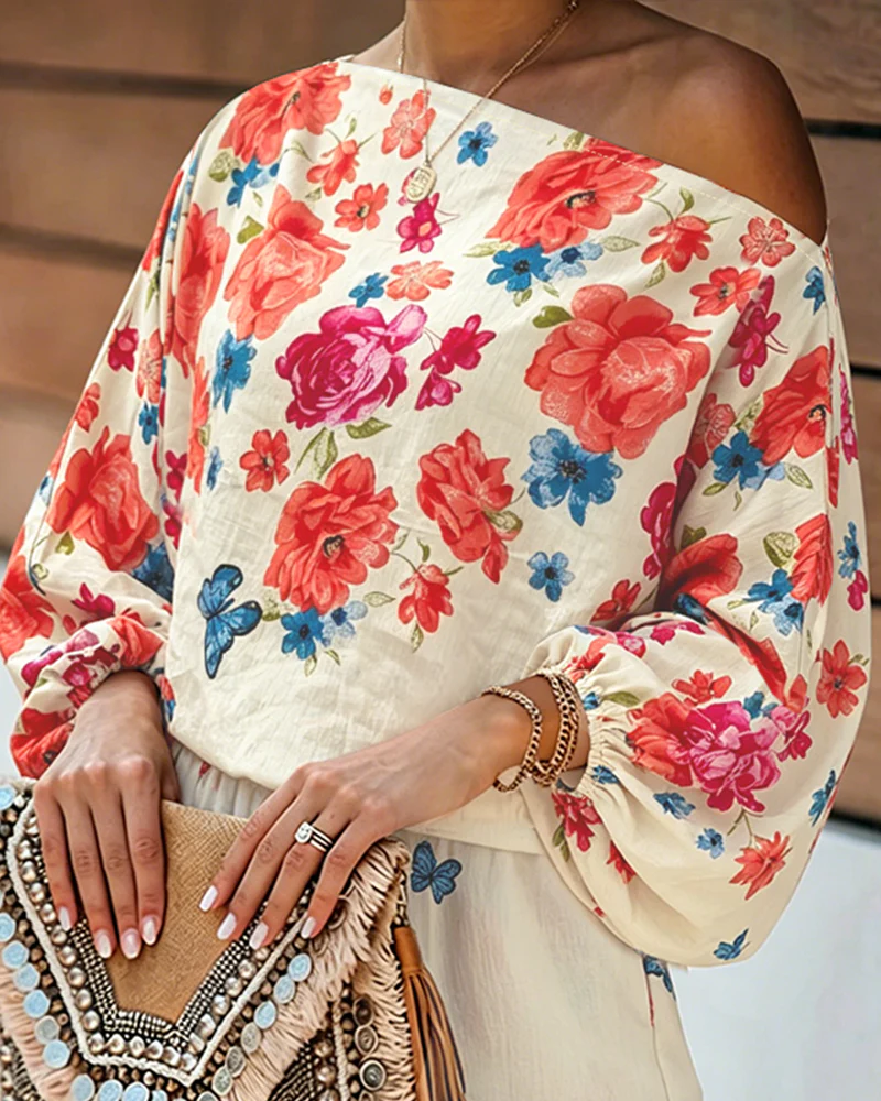 Women's Floral Butterfly Print 2-Piece Set Off-Shoulder Lantern Sleeve Top and High-Waisted Shorts Casual Vacation Outfit - Image 5