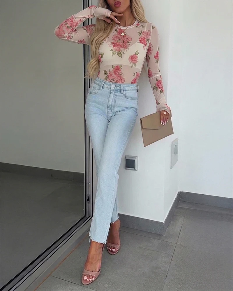 Women's Floral Mesh Long Sleeve Top Sheer O-Neck Slim Fit Blouse for Casual Streetwear & Layering - Image 5