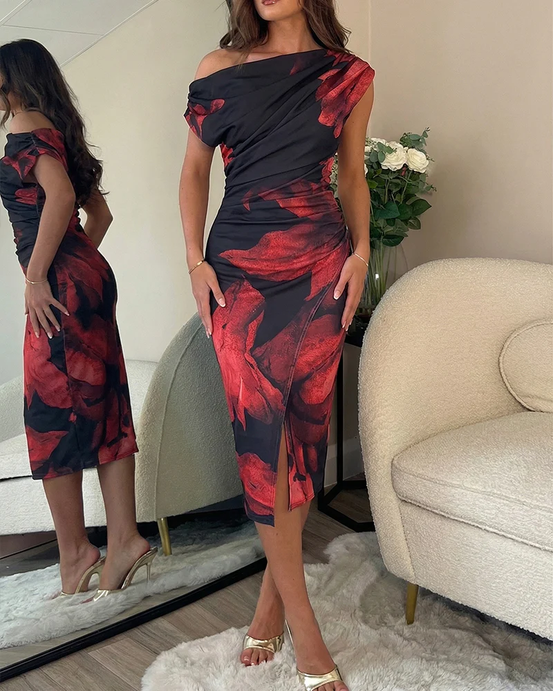 Women's Floral Print Skew Neck Mid-length Dress Ruched Wrapped Slit Bodycon Dress Elegant Party Cocktail Evening Gown - Image 6