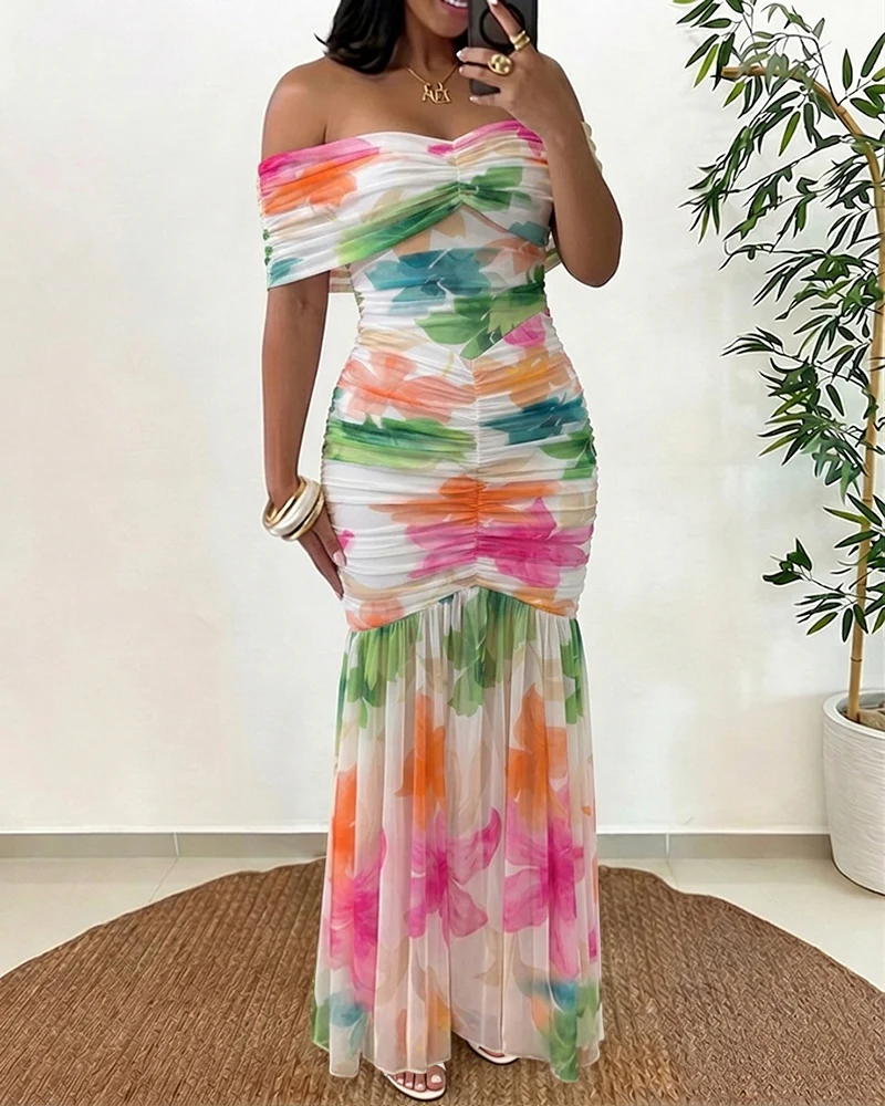 Women's Foldover Off-Shoulder Floral Mermaid Dress Mesh Ruched Maxi Gown with Detachable Clear Straps - Image 3