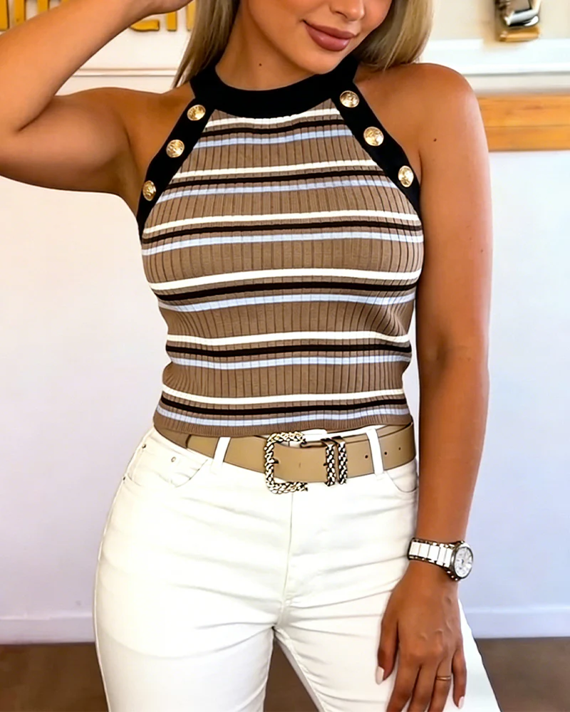 Women's French Retro Striped Halter Top Sleeveless Rib-Knit Tank with Gold Button Accents - Image 3