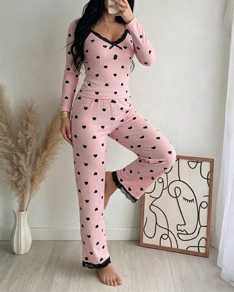 Women's Heart Print Lace Trim Ribbed Loungewear Set Long Sleeve Top and Wide Leg Pants Sweet Pajama Set - Image 6
