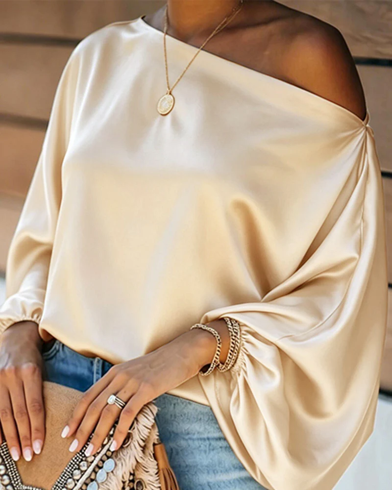 Women's Off Shoulder Satin Blouse Lantern Long Sleeve Shirt Casual Loose Fit Skew Neck Top - Image 9