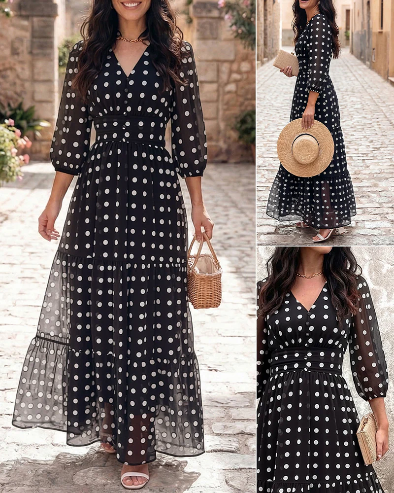Women's Polka Dot Maxi Dress V Neck Lantern Sleeve Ruffle Hem Dress High Waist Button Up Chiffon Long Party Dress - Image 6