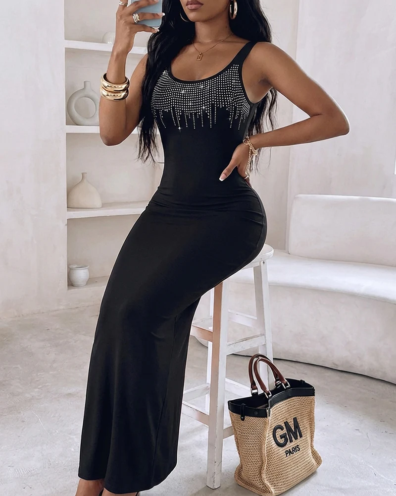 Women's Rhinestone U-Neck Maxi Dress Slim Fit Bodycon Sleeveless Long Knit Dress Elegant Evening Party Dress - Image 4