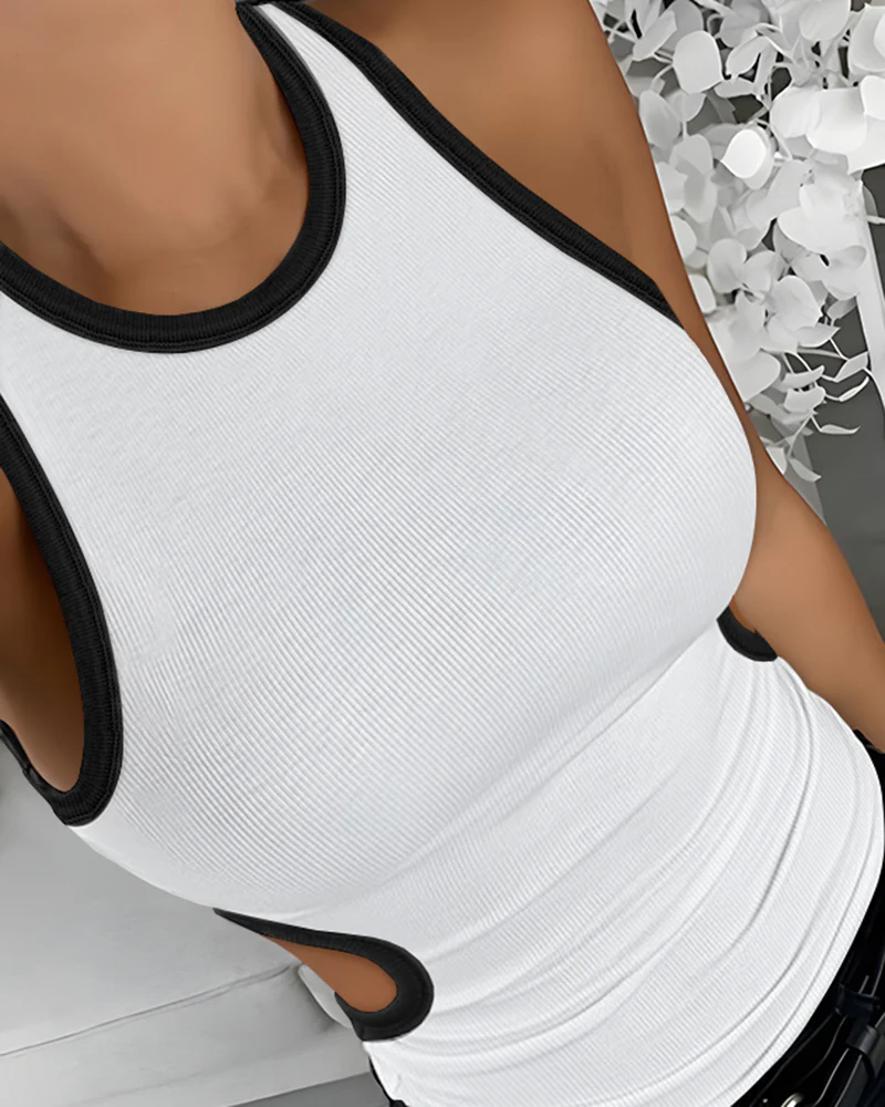 Women's Ribbed Contrast Trim Tank Top Sleeveless Crew Neck Cutout Slim Fit Stretch Casual Top - Image 10