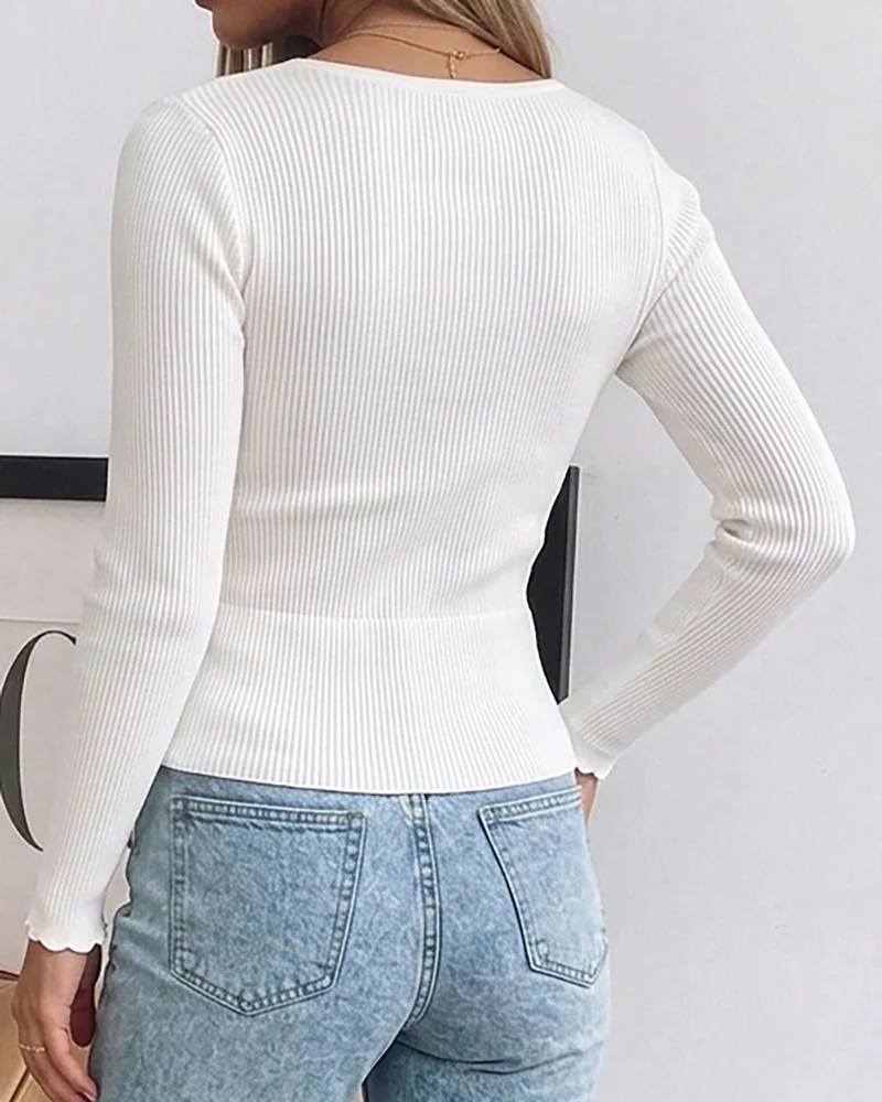 Women's Scalloped Notch Neck Knit Sweater Slim Fit Long Sleeve Ribbed Pullover Top - Image 2