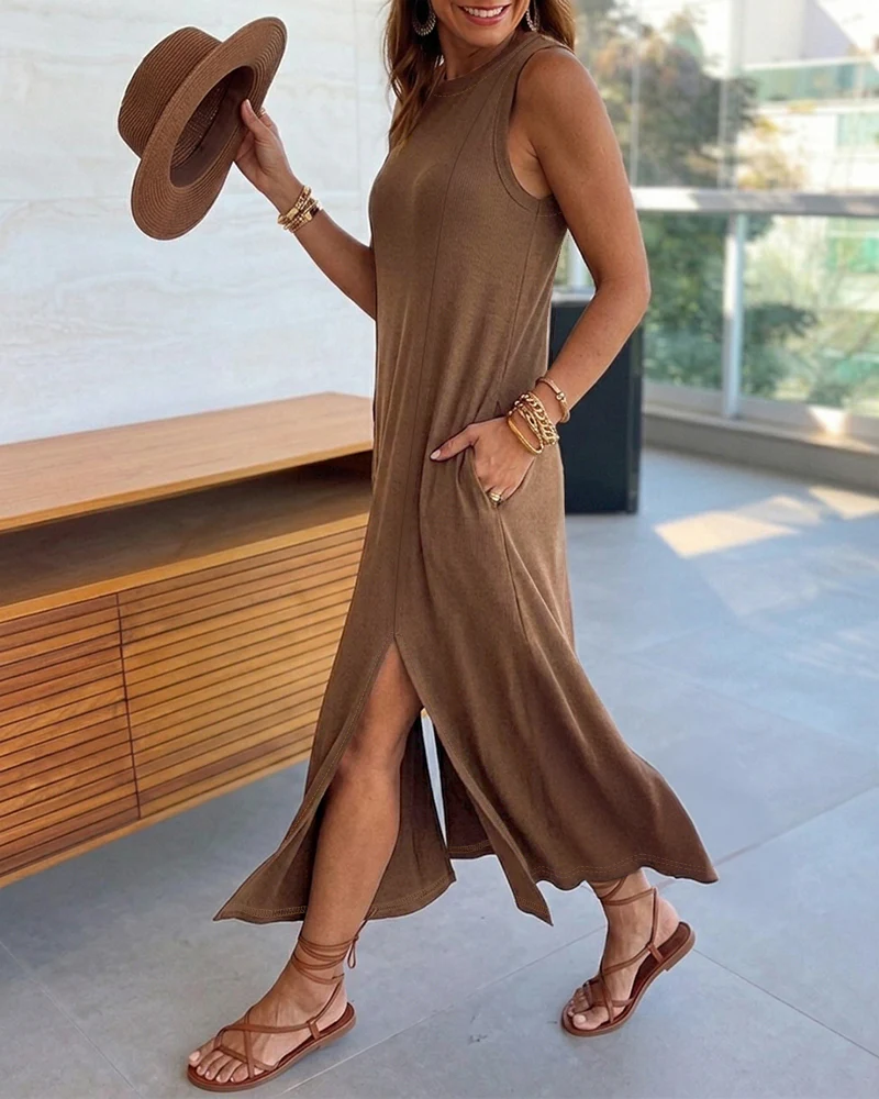 Women's Sleeveless Ribbed Knit Maxi Dress Loose A-Line Slit Tank Dress Casual Lounge Long Dress with Pockets - Image 3