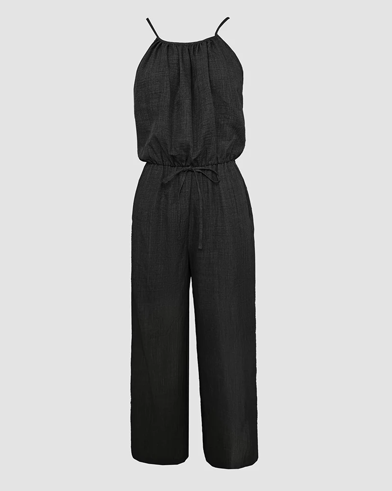 Womens Spaghetti Strap Drawstring Tied Waist Jumpsuit Casual Overalls - Image 10