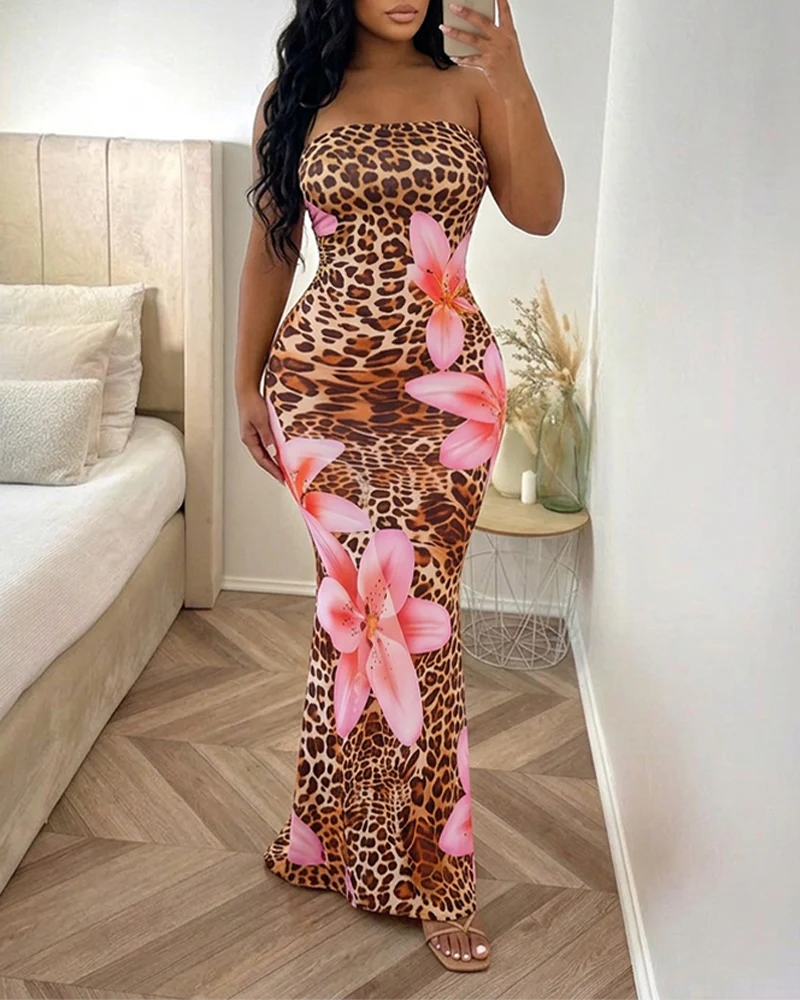 Women's Strapless Leopard Floral Print Mermaid Dress Sleeveless Bodycon Maxi Dress Tropical Vacation Party Gown - Image 7