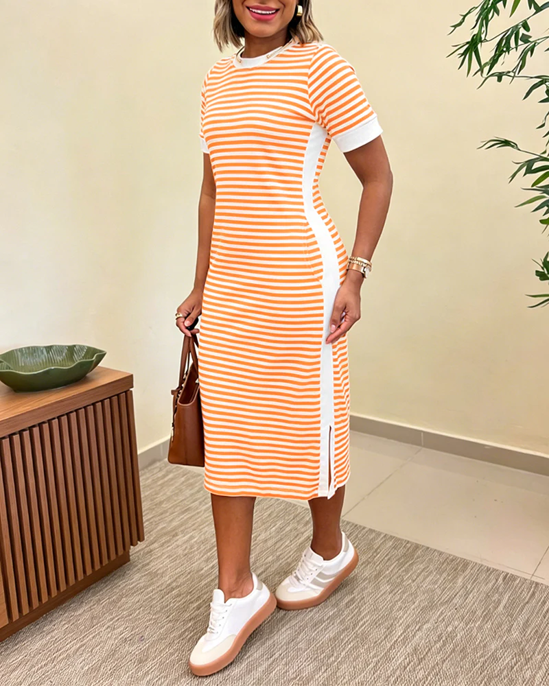 Women's Striped Colorblock Midi T-Shirt Dress Casual Crew Neck Waist-Cinching Slit Dress with Pockets - Image 18