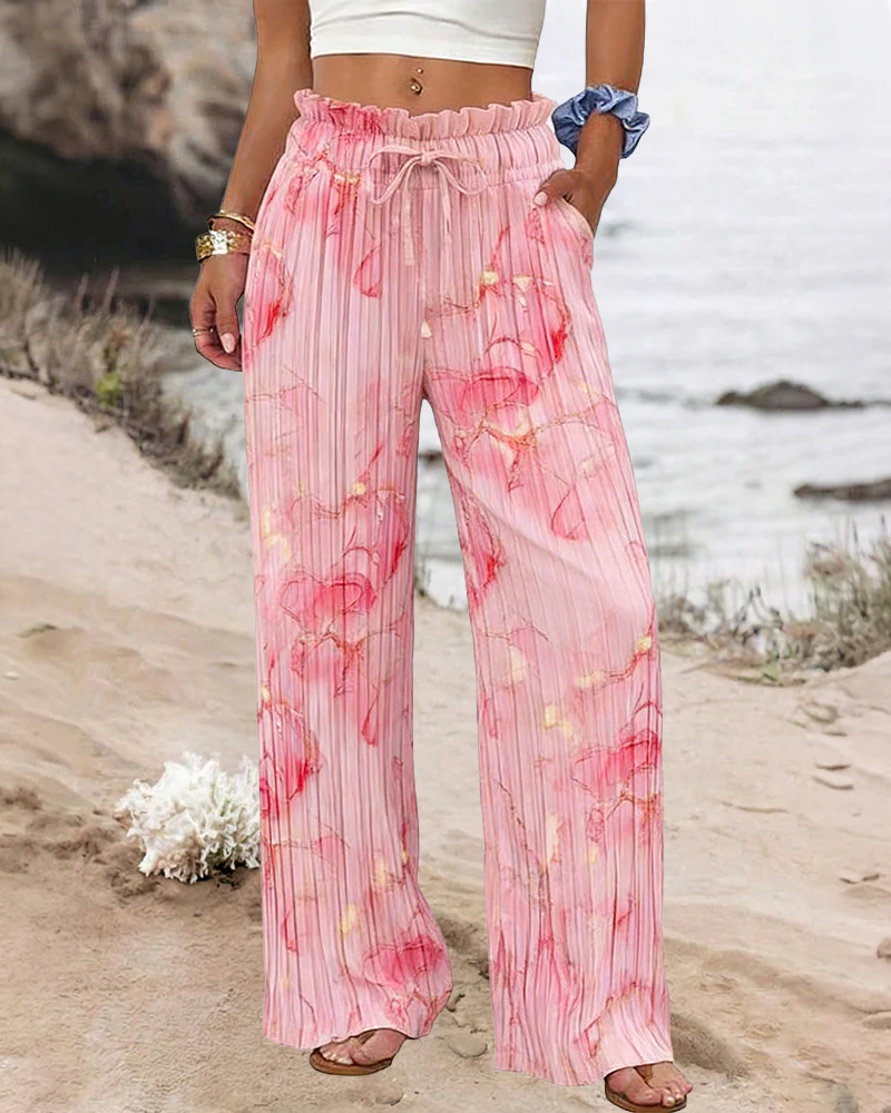 Women's Tie Dye Print Pleated Wide Leg Pants High Waisted Flowy Palazzo Pants Drawstring Lounge Pants with Pockets - Image 4