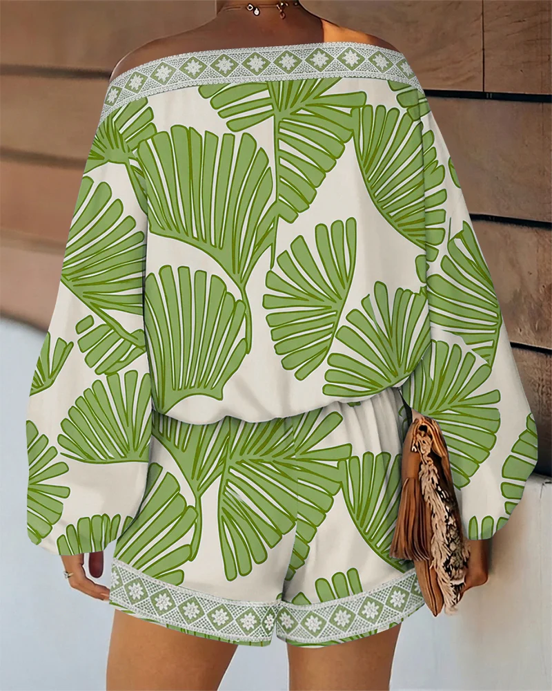 Women's Tropical Leaf Print 2 Piece Set Skew Neck Lantern Sleeve Top and Elastic Waist Shorts with Pockets & Lace - Image 12