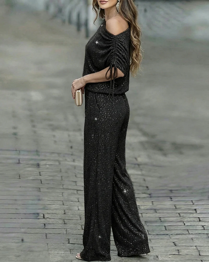 Women's Two-Piece Rhinestone Lounge Suit Skew Neck Top and Wide-Leg Pant Set Elegant Commuter Outfit with Pockets - Image 8
