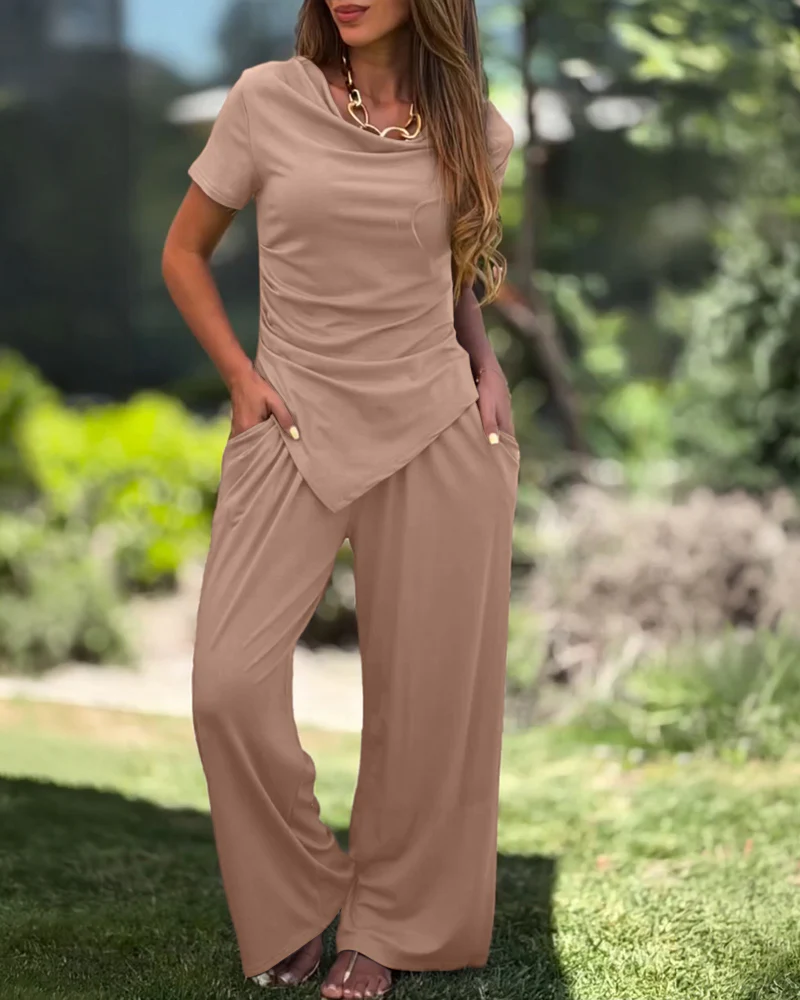 Women's Two Piece Set Cowl Neck Ruched Asymmetrical Top and High Waist Wide Leg Pants with Pockets - Image 6
