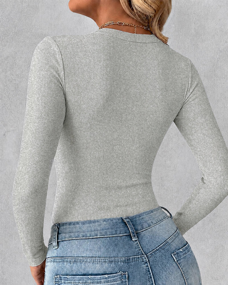 Women's V Neck Long Sleeve Ribbed Knit Top Slim Fit Base Layer Shirt Soft Stretchy Casual Tee with Built-in Bra - Image 26