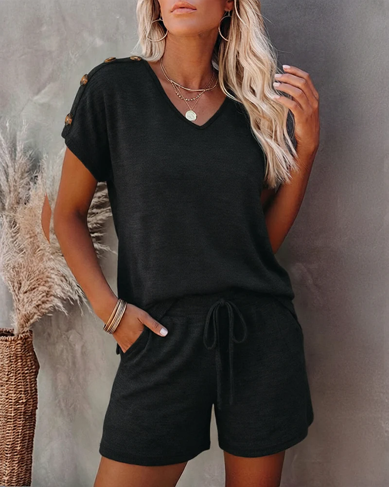 Women's V Neck Short Sleeve Top and Drawstring Shorts Set Casual Loose Fit Loungewear Two Piece Outfit with Pockets - Image 7