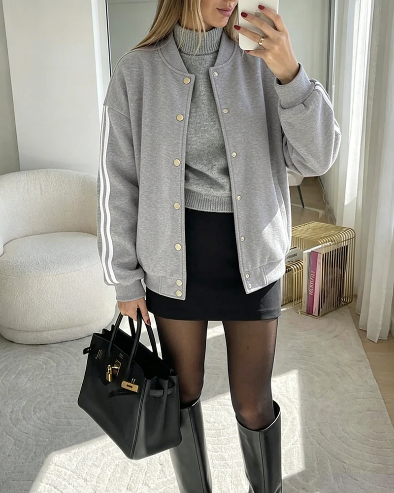Women's Varsity Jacket Contrast Side Striped Loose Baseball Jacket Button Up Bomber Jacket - Image 13