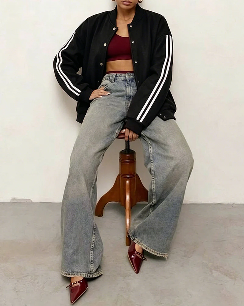 Women's Varsity Jacket Contrast Side Striped Loose Baseball Jacket Button Up Bomber Jacket - Image 23