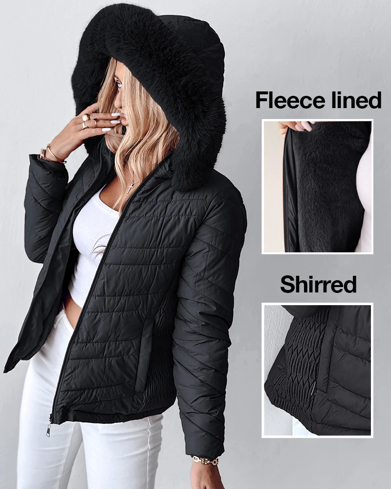 Zipper Pocket Design Shirred Fuzzy Trim Fleece Lined Hooded Puffer Jacket - Image 28