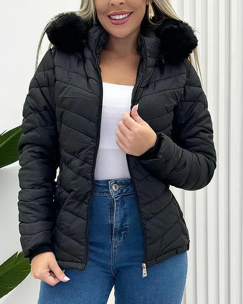Zipper Pocket Design Shirred Fuzzy Trim Fleece Lined Hooded Puffer Jacket - Image 49